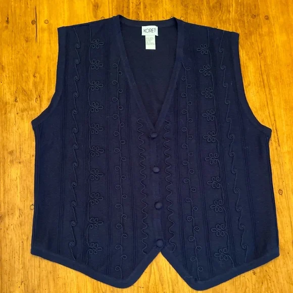 Vintage Koret Wool Blend Embroidered Navy Blue Sweater Vest - Picture 2 of 10